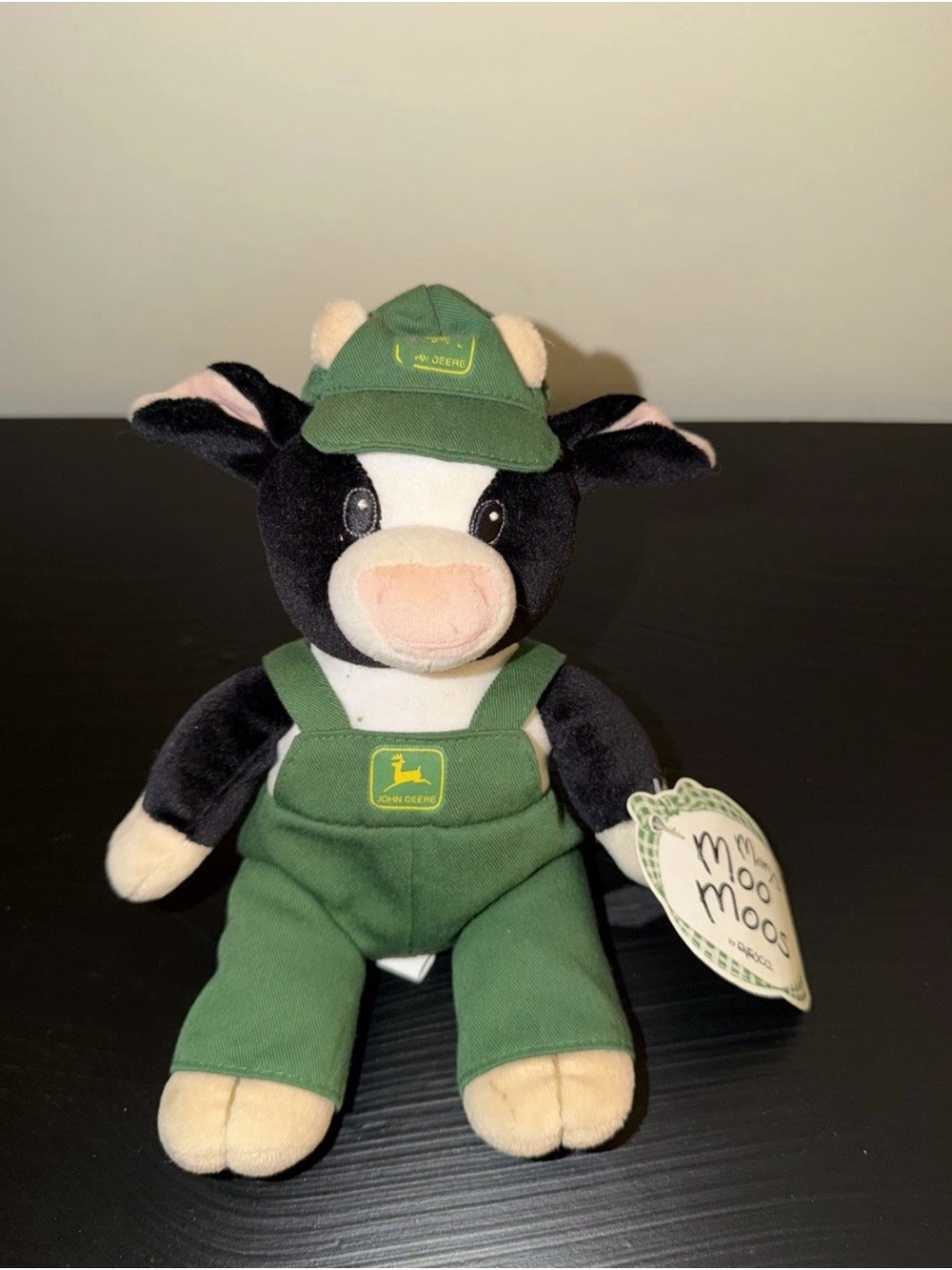 John Deere Black & White Cow Plush in Green Overalls and Cap